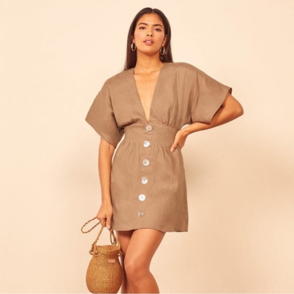 Reformation Ty Kahaki Deep V Linen Button Dress